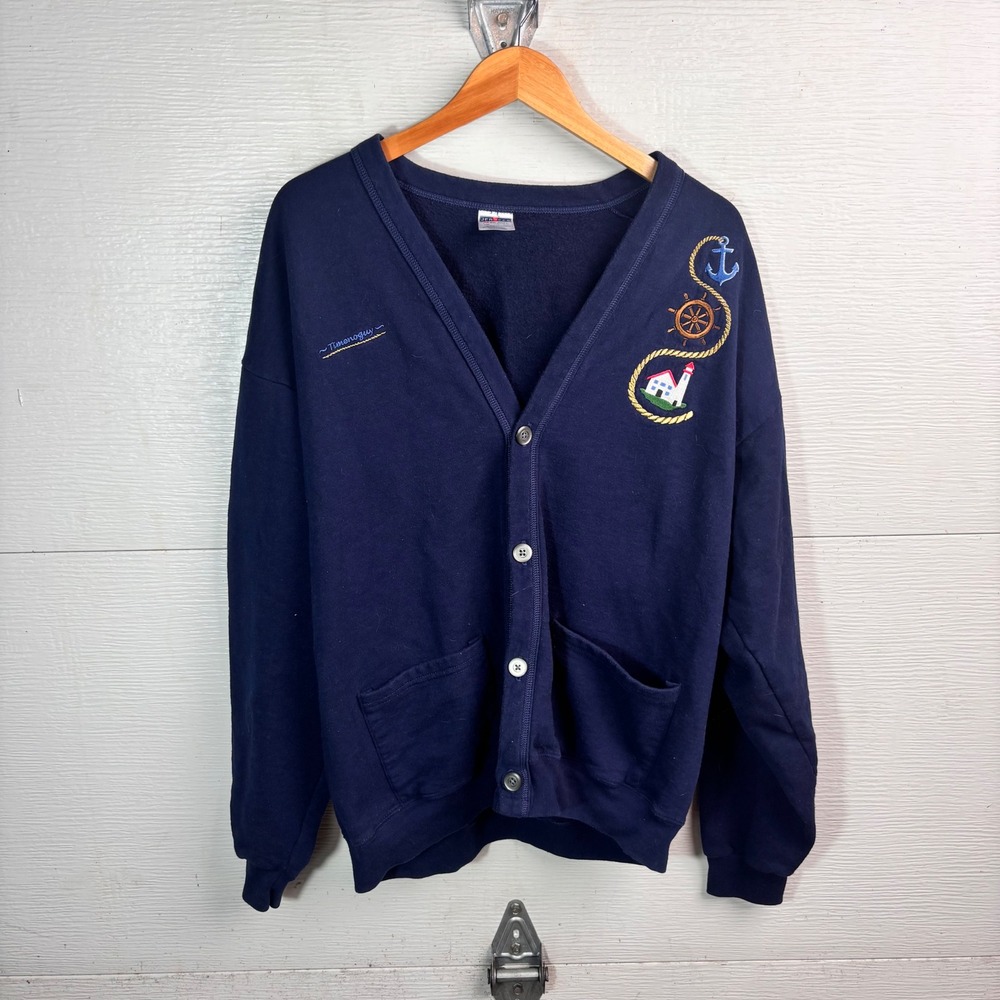 Jerzees Nautical Embroidered Cardigan Sweatshirt Navy Anchor Lighthouse L XL